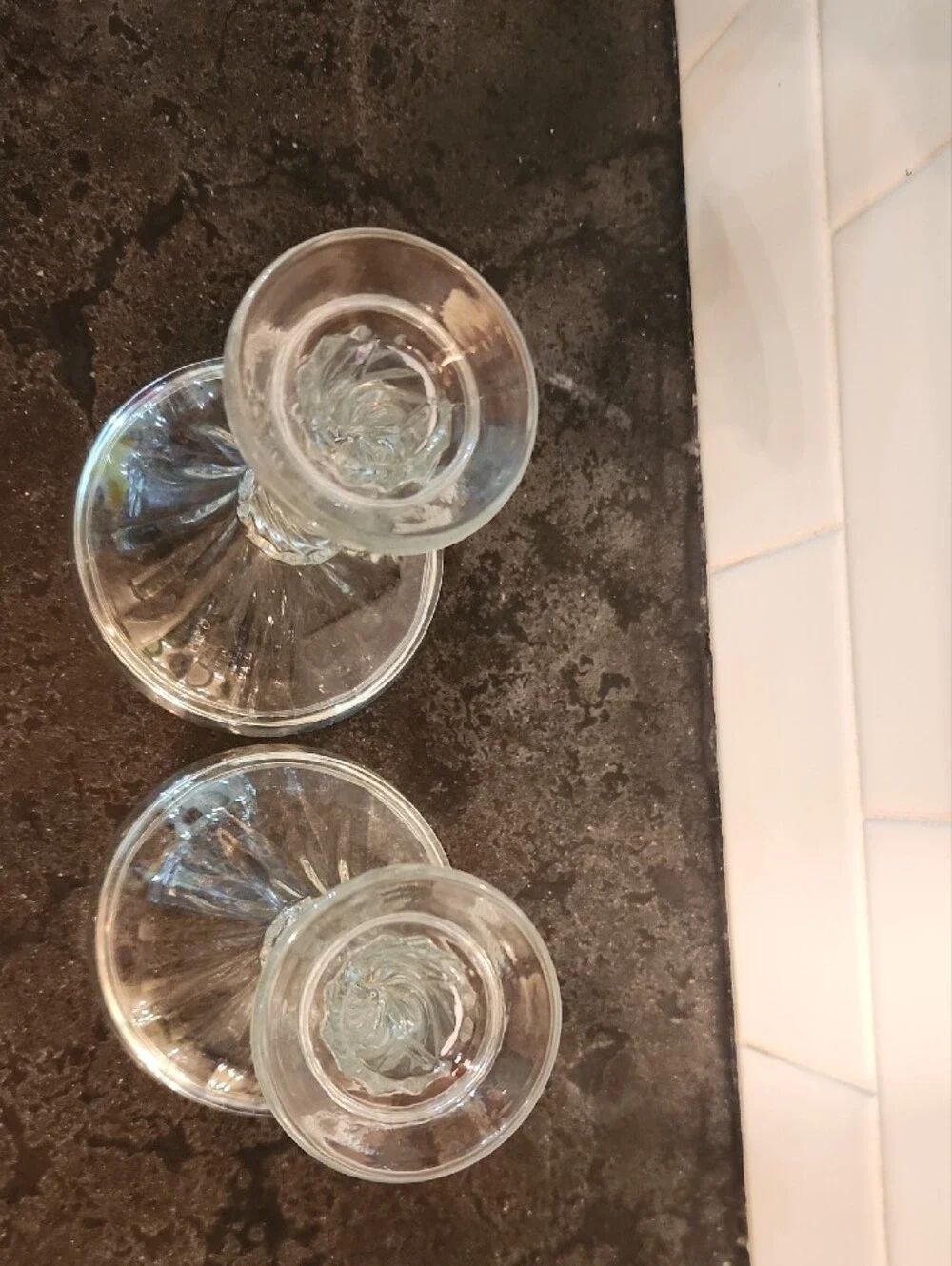 Vintage Indiana Glass Caledonia Candlestick Holders, Clear Swirl Taper Pair